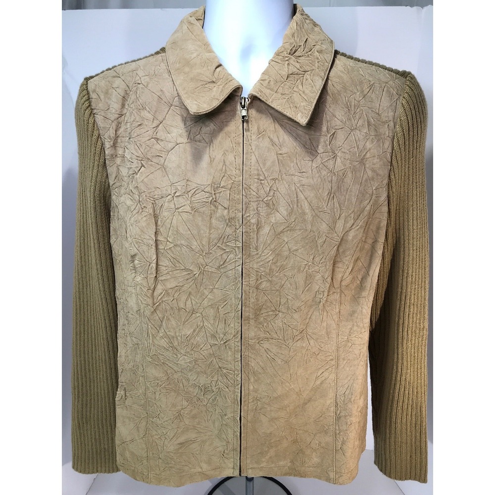 Coldwater Creek NWT Womens L Brown Crinkle Leather Knit Sleeve Full Zip Jacket